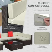 Outsunny Salotto da Giardino in Rattan da 7 Pezzi con Tavolino e Divano Modulabile con Cuscini, Crema(m-5)
