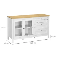 HOMCOM Aparador para Salón Armario Auxiliar con 2 Puertas de Vidrio 3 Cajones Estante Ajustable para Cocina 120x40x70 cm Blanco(m-3)
