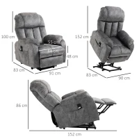 HOMCOM Sillón Levanta Personas Tapizado en Terciopelo con Reclinación 135° Mando a Distancia y 2 Bolsillos 91x83x100 cm Gris(m-3)