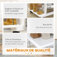 HOMCOM Chariot de service desserte de cuisine à roulettes multi-rangements 4 paniers métal tiroir + 4 range-bouteilles bois pin plateau carrelé blanc(m-5)