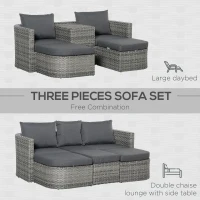 Outsunny 3 Piece Rattan Garden Furniture Set with Cushions, Patio Wicker Conversation Double Chaise Lounge Furniture Set with Convertible Middle Table, Mixed Grey(m-6)