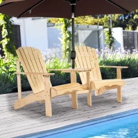 Outsunny Wooden Outdoor Double Adirondack Chairs Loveseat w/ Centre Table and Umbrella Hole, Garden Patio Furniture for Lounging and Relaxing, Natural(m-2)
