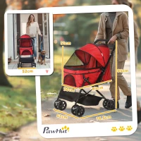 PawHut Passeggino per Cani Piccoli Pieghevole con Maniglione Girevole e Ruote con Freni, 76.5x52x95cm, Rosso(m-3)