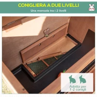 PawHut Conigliera in Legno a 2 Livelli con Ruote, Vassoio Estraibile e Rampa, 122x50x101cm(m-4)