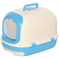 PawHut Arenero para Gatos Caja de Arena con Asa de Transporte Doble Fondo Bandeja Extraíble Pala y Filtro de Carbón Activo 63x43x43 cm Beige y Azul(m-10)
