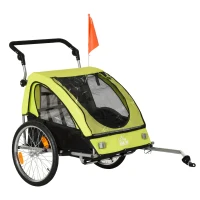 HOMCOM 2-in-1 Kinderanhänger, Regenschutz, Sicherheitsgurt, für 2 Kinder, grün+schwarz, 160 x 84 x 106 cm(m-10)