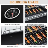 Outsunny Barbecue a Gas con Coperchio, 7 Bruciatori da 20kW, Fornello Laterale e 2 Ruote, 135x50x100cm Nero(m-4)