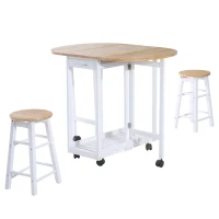HOMCOM Set 3 Pezzi Tavolo Pieghevole da Cucina e 2 Sgabelli Salvaspazio - Bianco e Legno(m-10)