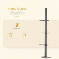 PawHut Arbre à chat du sol au plafond poteau à griffer hauteur réglable dim. 43L x 27I x 228-260H cm 4 niveaux d'activités gris(m-6)