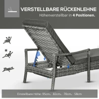 Outsunny Sonnenliege Polyrattan Gartenliege Rattanliege Gartenmöbel Liege mit Polsterauflage 4 Stufen verstellbar Grau 192 x 72 x 52,5 cm(m-4)