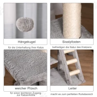 PawHut Kratzbaum 120 cm Katzenturm mit Höhle, Spielball, Sisalstämme,  Plattform, Treppe, mehrstöckiger Katzenkratzbaum, Kletterbaum für Katzen, Hellgrau(m-5)