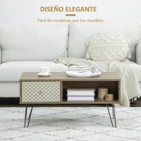 HOMCOM Mesa de Centro Estilo Boho con Cajón Estampado y Patas de Metal de Horquilla para Salón Oficina 90x45x46cm Madera(m-4)