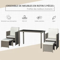 Outsunny Ensemble salon de jardin encastrable avec grande table rectangulaire 2 fauteuils et 2 tabourets coussins blanc amovibles lavables résine tressée Imitation rotin gris(m-4)