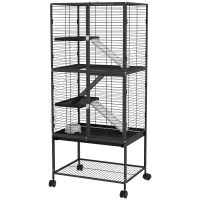 PawHut Rolling Chinchilla Cage, Small Animal Cage for Ferrets w/ Three Doors, Storage, Shelf, Tray Tray, Bowl, Water Bottle(m-11)