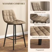 HOMCOM Set 2 Sgabelli da Cucina Stile Nordico in Tessuto Effetto Velluto e Metallo, 45x47x84 cm, Marrone(m-5)