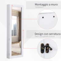 HOMCOM Specchio Portagioie da Parete con Ganci e Scompartimenti in Legno, Armadietto Portagioie con Specchio per Orecchini, Collane e Anelli, 37x9.5x112 cm, Bianco(m-6)