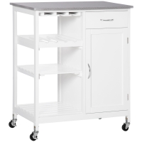 HOMCOM Carro de Cocina con Ruedas Carrito de Servicio con 1 Cajón Estantes Extraíbles y Botellero 76x48x88 cm Blanco