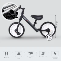 HOMCOM Vélo Enfant draisienne 2 en 1 roulettes et pédales Amovibles Roues 12" Hauteur Selle réglable pour enfants de 2 à 5 ans Acier Noir(m-5)