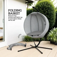 Outsunny Hanging Egg Chair Outdoor Indoor Garden Swing Chair with Folding Basket, Garden Hanging Chair with Stand, Thickened Cushion, Cup Holder for Patio, Balcony, Grey(m-6)