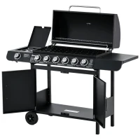 Outsunny Gasgrill mit 7 Brennern, inkl. Thermometer,  BBQ -Grill, mobiler Grill, Schwarz(m-10)