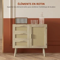 HOMCOM Meuble de rangement buffet style bohème 3 tiroirs et 1 porte façades rotin  - dim. 80L x 36l x 75H cm(m-4)