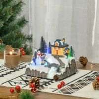 HOMCOM Animated Christmas Village Scene Musical Holiday Decoration with LED Light, Music, Fiber Optic, Rotating Skating Pond, Battery-Operated(m-10)