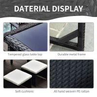 Outsunny 2 Seater Rattan Cube Garden Furniture Set, Rattan Dining Set with Cushions, Outdoor Dining Table and Chairs with 2 Armchairs, 2 Stools, Rectangular Glass Top Table for Patio, Balcony, Black(m-6)