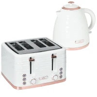 HOMCOM Kettle and Toaster Sets, 3000W 1.7L Rapid Boil Kettle & 4 Slice Toaster with 7 Browning Controls, Defrost, Reheat and Crumb Tray, UK Otter thermostat, Cream White(m-1)