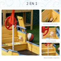 Outsunny Arenero Infantil de Madera Diseño de Galeón con 2 Escalones Banco con Almacenaje Bandera y Timón Cajón de Arena(m-5)