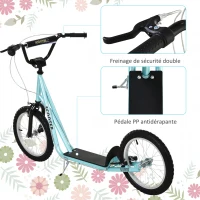 HOMCOM Trottinette patinette pour Enfants à partir de 5 Ans Grands pneus en Caoutchouc Guidon réglable poignée Frein et béquille Acier Charge max. 100 Kg Bleu(m-7)