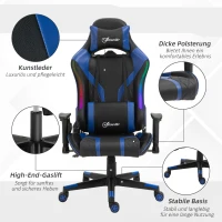 Vinsetto Bürostuhl LED Gaming Stuhl mit Armlehne, hoher Rückenlehne und Kissen ergonomischer Drehstuhl mit Liegefunktion Handlauf anhebbar Kunstleder Nylon Schwarz+Blau 70 x 57,5 x 126-136 cm(m-9)