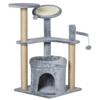 PawHut 87 cm Cat Tree for Indoor Cats, Kitten Tree Tower with Scratching Posts Pad, Cat Condo, Plush Perches, Hanging Ball - Grey(m-1)