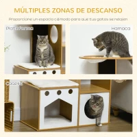 PawHut Árbol Rascador para Gatos de Madera para Gatos con 2 Cuevas Rascador Hamaca y Cojines de Felpa 76x37x92,5 cm Roble(m-4)