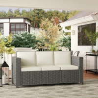 Outsunny 3 Seater Rattan Sofa All-Weather Wicker Weave Metal Frame Chair with Fire Resistant Cushio-Cream(m-9)