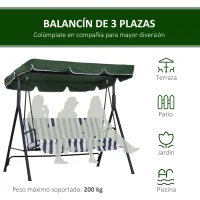 Outsunny Columpio de Jardín de 3 Plazas Silla Balancín con Parasol Techo Ajustable en Ángulo Impermeable para Exterior Terraza Balcón Carga Máx. 200 kg Acero 172x110x153 cm Verde(m-7)