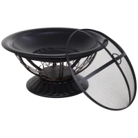 Outsunny Metal Large Firepit Bowl Outdoor Round Fire Pit Brazier w/ Lid, Log Grate, Poker, Elegant Scrolls for Backyard, Camping, Bonfire, Wood Burning Stove, 76 x 76 x 50cm, Black(m-11)