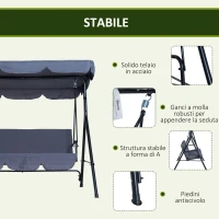 Outsunny Dondolo da Giardino a 3 Posti con Tettuccio Parasole Inclinabile in Acciaio 172 × 110 × 153cm Grigio(m-7)