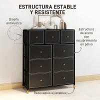 HOMCOM Cajonera de Tela con 9 Cajones Plegables con Frentes de Cuero PU y Marco de Acero Cajonera para Dormitorio Salón Negro(m-6)