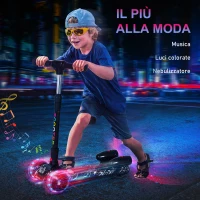 HOMCOM Monopattino a 3 Ruote per Bambini Piccoli 3-6 Anni, Pieghevole, Regolabile con Musica, Ruote Luminose e Razzi, Nero(m-6)