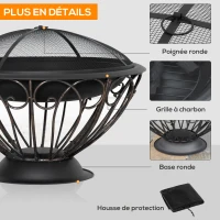 Outsunny Brasero cheminée Foyer extérieur Rond avec Grille, Couvercle Pare-étincelles, tisonnier et Housse Protection métal dim. Ø 76 x 50H cm Noir(m-5)
