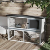 PawHut 2-Tier Wooden Rabbit Hutch Guinea Pig House Bunny Cage Backyard w/ Openable Roof Small Animal House for Outdoor Grey, 108 x 45 x 78 cm(m-2)