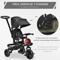 HOMCOM Triciclo Bebé 4 en 1 Bicicleta para Niños 1-5 Años con Asiento Giratorio Capota Ajustable Mango de Empuje Telescópico y Reposapiés Plegable Carga 25 kg 111,5x52x98 cm Negro(m-5)