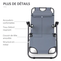 Outsunny Lot de 2 Chaises Longue inclinable transat Bain de Soleil fauteuil relax jardin 2 en 1 Pliant têtière Amovible(m-5)