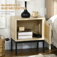 HOMCOM Mesita de Noche con Puerta de Ratán Mesilla de Noche Estilo Boho con Patas de Metal para Dormitorio 43x30x51 cm Roble(m-5)