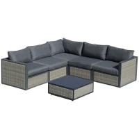 Outsunny 6 Pieces Patio Wicker Corner Sofa Set, Outdoor PE Rattan Sectional Conversation Aluminum Frame Furniture Set w/ Padded Cushion & Coffee Table, Grey(m-1)
