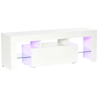HOMCOM Fernsehtisch TV Schrank mit RGB-Lichtleisten TV-Kommode Schrankelement mit verstellbaren Glasböden offenen Einlegeböden und 1 Schublade Fernbedienung MDF Spanplatte Weiß 130 x 35 x 45 cm(m-9)
