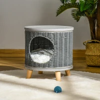 PawHut Cueva para Gatos de Ratán Ø36x40,5 cm Cesta para Gatos Rolliza con Cojín Lavable Plataforma y Patas de Madera de Pino Extraíble Gris(m-2)