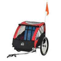 HOMCOM Child Bike Trailer Foldable 2-Seat Baby Transport Carrier with Storage Bag Five-point Safety Harness Hitch Coupler Red(m-11)