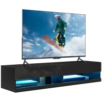 HOMCOM Floating TV Unit, Wall Mounted TV Cabinet for TVs up to 65", High Gloss Media Wall Unit with LED Lights, Storage Shelves for Living Entertainment Room, Black(m-1)