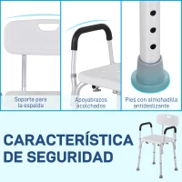HOMCOM Silla para Ducha Taburete de Ducha Antideslizante con Altura Ajustable y Reposabrazos Regulable Carga 136 kg(m-5)